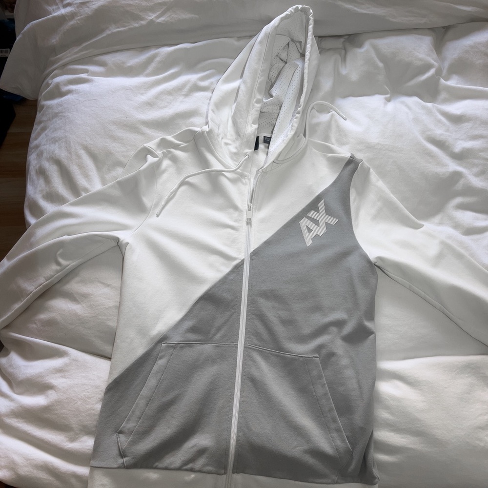 Armani Exchange gray and white zip up hoodie